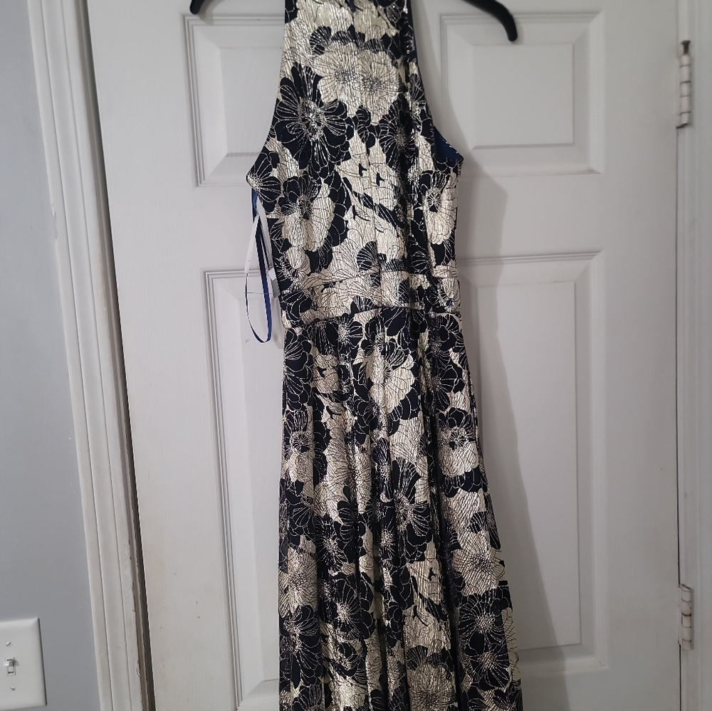 Betsy & Adam  Metallic Crinkle Sleeveless Halter Neck Foil Floral Print A-Line G - Picture 12 of 12